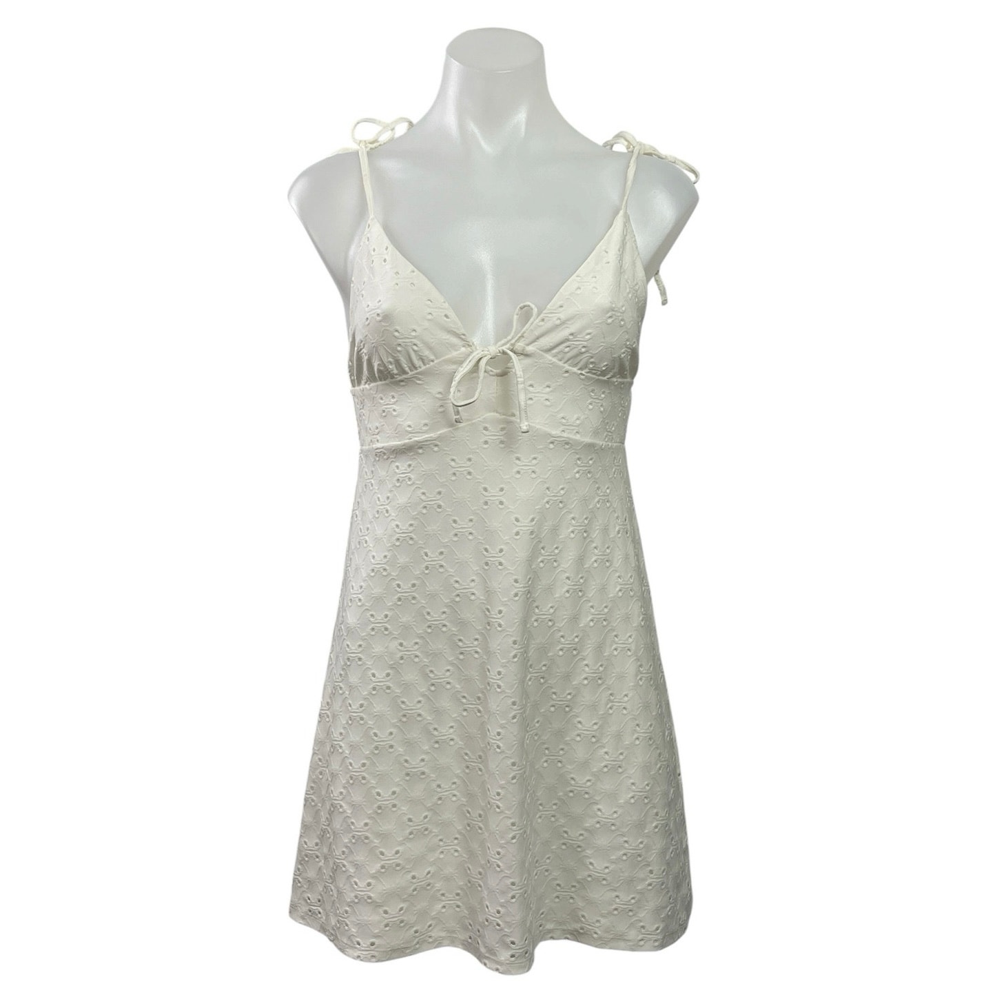 H&M White Sleeveless Embroidered Tie Strap Cami V Neck A Line Mini Dress Size S